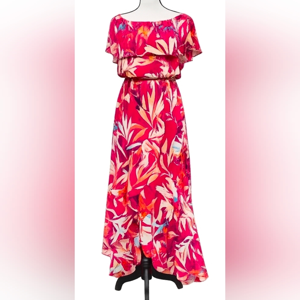 Express Floral Off Shoulder Maxi Dress Pink Tropical Ruffle